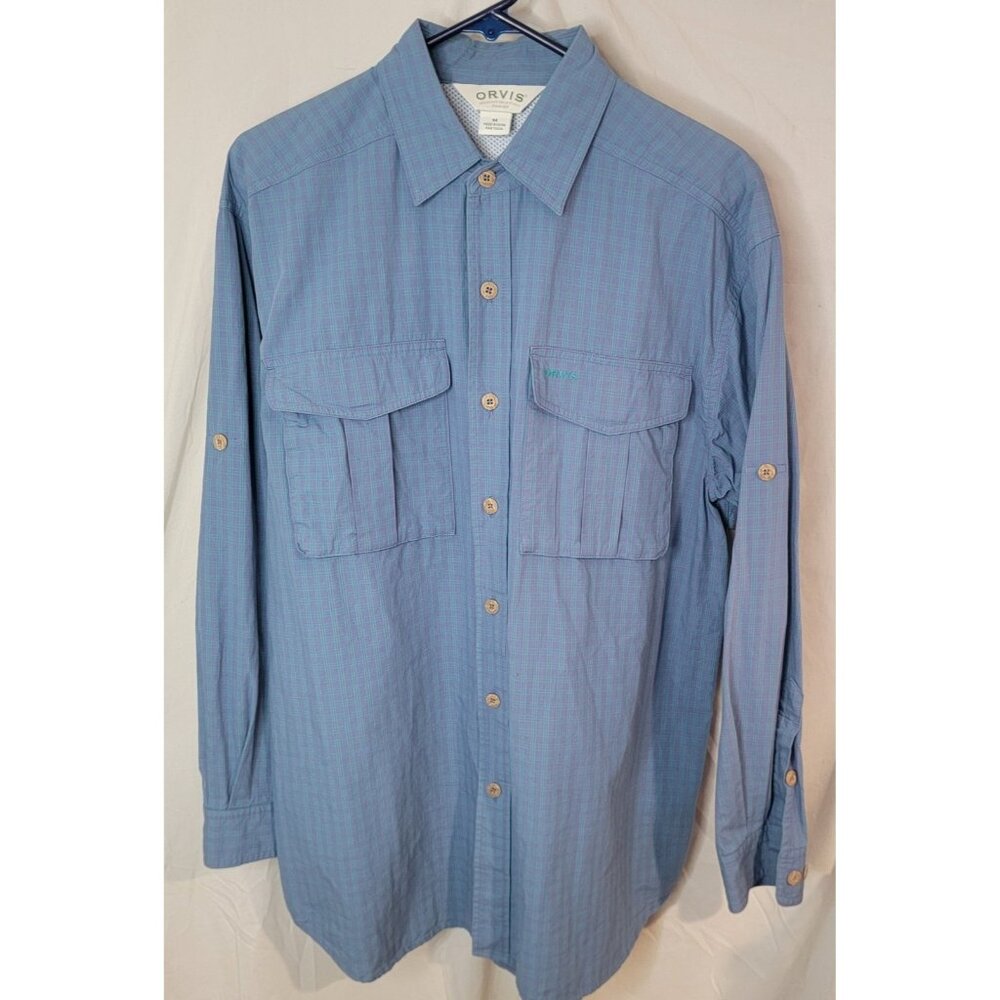 ORVIS Mens Med Ventilated Fishing Shirt Blue Plaid Long Sleeve Button Front Pock
